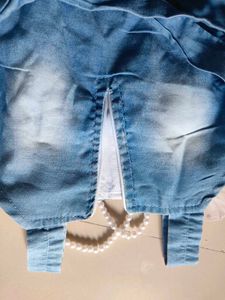 Denim Dress with Pearl Necklace