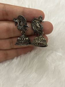 Peacock Silver Oxidized Jhumka Earrings