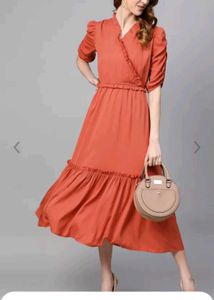 Elegant Rust-Orange Midi Dress with Puff Sleeves a