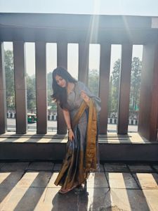 Elegant Grey & Gold Saree With Blouse