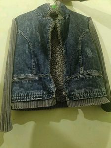 Denim Jacket with Knit Sleeves
