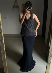 JKARA NAVY BLUE BEADED EVENING GOWN