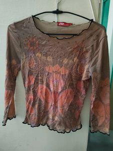Vintage Brown Floral Mesh Top