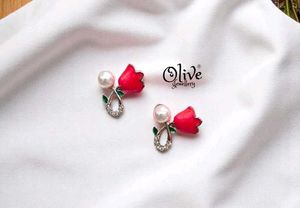 Pearl & Red Tulip Stud Earrings