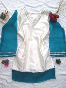 Elegant Teal &amp; White Corset Kurta Trouser Set🫶🏻
