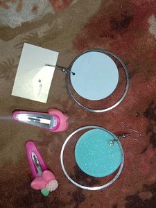Blue Ear Rings And Cute Pink Hair Clips