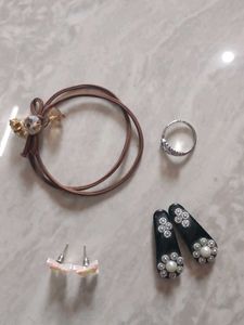Assorted Jewelry Lot: Ring, Earrings, & Hair Tie