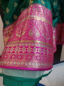 Pink And Green Pure Benarasi Frock With Dupatta