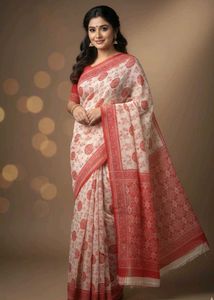 Elegant Red & White Printed Saree