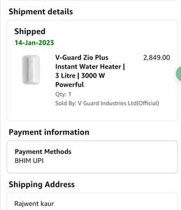 V Guard Zio Plus 3 Litter Geyser.