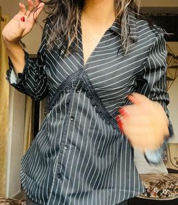 Collar Striped Lace Trim Button Long Sleeve Shirt