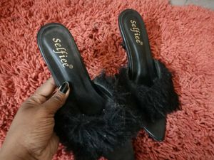 Stylish Black Faux Fur Heels