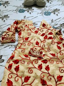 Red And Golden Net Embroidery Kurta