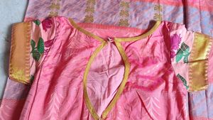 Pink Floral Saree with Gold Border