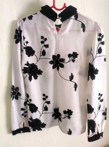 Embroidered Long Sleeve Cut-and-Sew Blouse
