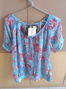 Blue Floral Lace-up Top