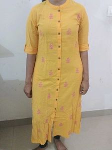 Yellow Embroidered Button-Down Kurti