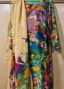 Colorful Abstract Printed Suit with Beige Dupatta