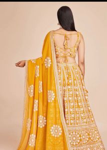 Mustard Embroidered Semi Stitched  Lehnga Choli