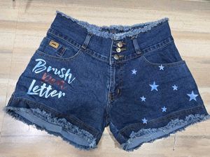 Denim Star Print Frayed Shorts
