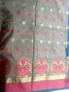 Blue Saree With Red Embroidery Detailing