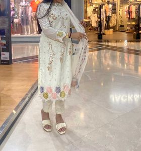 White Pakistani Full Sleeves High Neck Suit