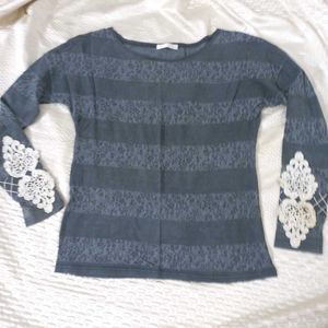 Lace Cuff Striped Top