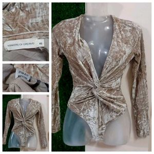 Champagne Plunging Neck Crushed Velvet Bodysuit