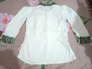 Girls White Tunic Top with green banarasi design