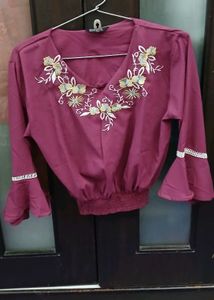 Embroidered Maroon Top With Bell Sleeves