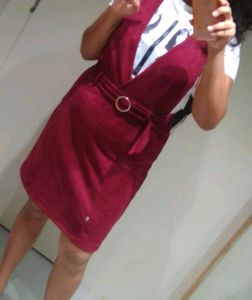 Burgundy Pinafore Dress with Belt