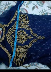 Elegant Blue Ethnic Gown with Gold Embroidery
