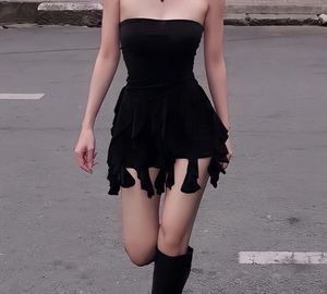 Black Strapless Ruffle Mini Dress