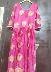 Rose Color Golden Floral Work Gown For 42 Bust