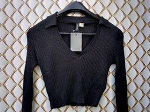 Black Ribbed Polo Crop Top