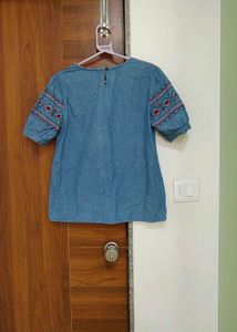 All About You Embroidered Sleeve Denim Top