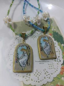 Angel By The Window Clay Pendant Necklace Green