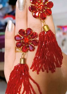 Earrings Red-Rub Crystal Tassel  (Red Stone Earrin