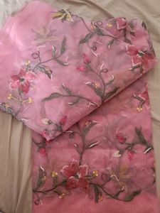 Pink Floral Organza Dress/Saree Material
