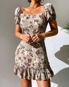 Shein Floral Puff Sleeve Ruffle Dress