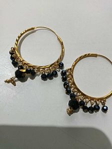 Gold Tone Hoop Earrings with Blue Beads