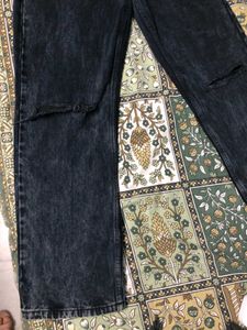 High Waist Knee Ribbed Black Wide Leg Denim