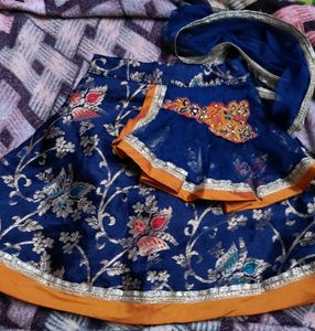 Kids Lehenga Bright Orange With Blue