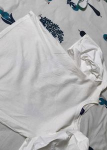 Midel Women White Puffed Sleeve Cotton Casual Top