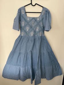 Blue Embroidered Tiered Dress