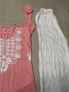 Pink Kurti Set with White Embroidery