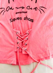 Peach Colour Cat Graphic Lace-up Top