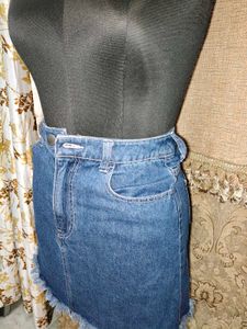 Denim Mini Skirt with Frayed Hem