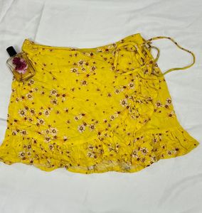 Yellow Floral Print Wrap Skirt