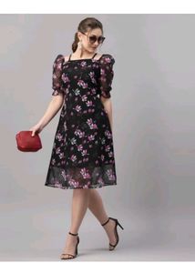 Selvia Black And Pink Floral Aline Dress